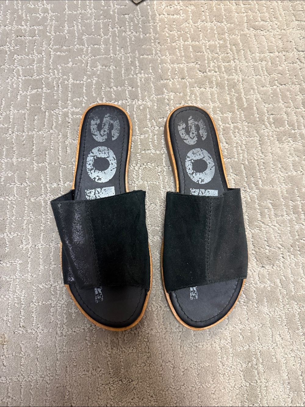 Sorel Black Slide Sandals with Tan Trim